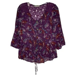 Maurices Purple Sheer Button Down Paisley Floral 3/4 Sleeves Drawstring Waist M